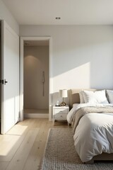 Serene Bedroom Interior Design with Minimalist Decor and Ensuite Shower