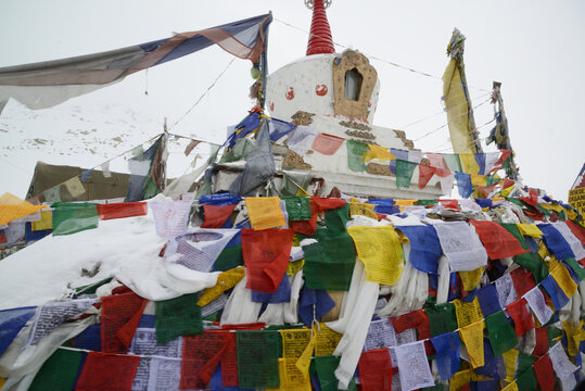 Tibetan-style pagodas along the roadside at Changla Pass, one of the highest motorable roads in the world, at 5,275 meters above sea level, travels between Leh Ladakh and Pangong Lake. Located at Leh.