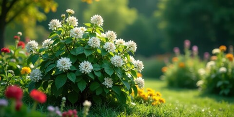 Lush Green Garden Displaying a Vibrant Cluster of Delicate White Flowers Basking in the Warm Sunlight
