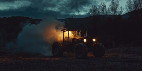 A tractor with its headlights on, emitting a bright orange light, driving through a field at night with a dark, cloudy sky in the background.