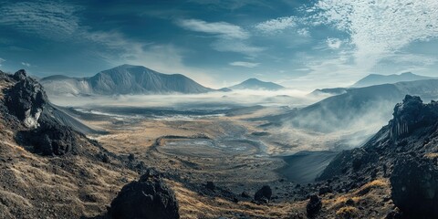 A vast, misty landscape with rugged mountains and a river, with a rocky foreground and a cloudy sky.