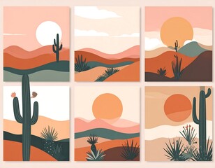Desert Landscape Art - Minimalist Boho Style with Cacti and Sunset.