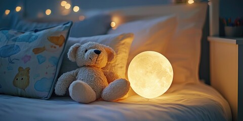 Teddy bear and moon lamp on a bed with pillows and a nightstand in the background, illuminated by a warm light.
