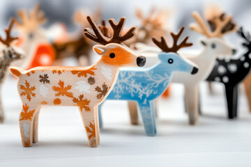 A colorful collection of decorative wooden reindeer figurines, perfect for holiday decor and seasonal celebrations.