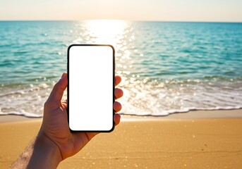 Holding a smartphone with a blank screen at the beach