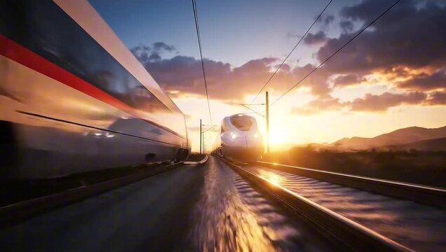 High-speed trains racing on tracks at sunset, symbolizing speed and modern travel. The dramatic sky and motion blur add dynamism to the scene