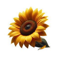 Ripe sunflower with yellow petals and dark middle, isolated on white background