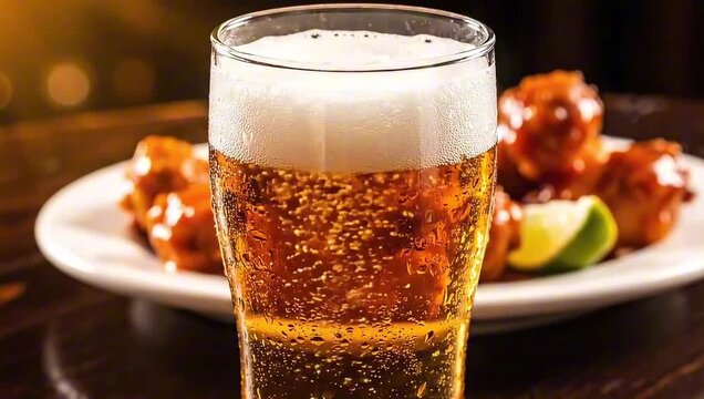 A refreshing glass of beer with foam, presented alongside a plate of chicken wings