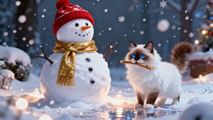 An Adorable Puppy Bringing a Stick Beside a Smiling Snowman. 