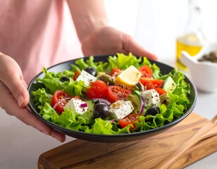 Person's hands presenting a colorful, fresh Greek salad in a black bowl