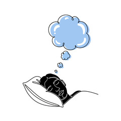 Vector art of a person sleeping peacefully on a pillow with a blue thought bubble above their head, symbolizing dreams and imagination