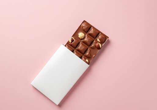 Delicious milk chocolate bar with nuts and raisins on a pink background - Powered by Adobe