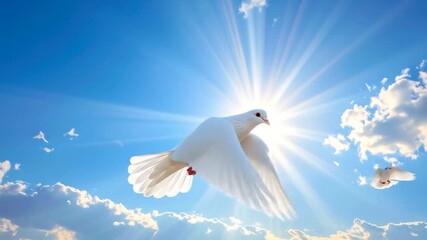 A majestic white dove flies across a vibrant blue sky, radiant sun rays bursting behind it amidst soft clouds - Powered by Adobe