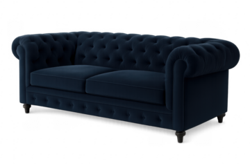 Navy blue velvet chesterfield sofa on transparent background