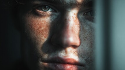 Obraz premium Conceptual human face portrait with sharp split lighting, one half in soft light and the other in deep shadow, calm expression, minimalistic editorial high-contrast cinematic style