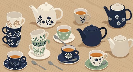 Modern caf&eacute; table with ceramic coffee cups in isometric vector style.