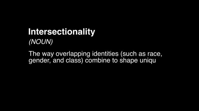 Intersectionality word definition animation black background 3