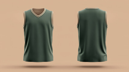 Front and back view of plain forest green basketball jersey with beige trim, displayed on neutral background. sleeveless design and v neck style offer classic athletic look