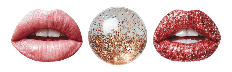 Glossy Lips and Glitter Ball on Transparent Background in Artistic Style