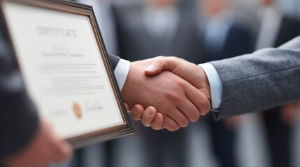 Two business men shaking hands, one holding a framed certificate, in a professional setting with blurred background.
