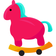Vibrant Pink Rocking Horse Toy on a Yellow Base with Teal Mane and Tail Simple Flat Design Isolated on Transparent Background