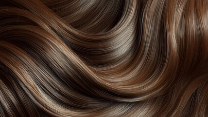 Fototapeta premium Luxurious, ultra realistic close up of healthy female hair texture, showcasing smooth, flowing strands in rich brown tones. image captures shine and softness of well nourished hair