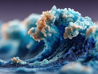 Hyper realistic art of blue particles forming ocean wave on dark purple background, close-up macro view for technology and natural design applications