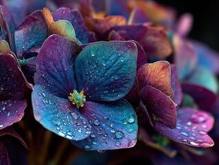 Close-up of blue hydrangea petals with water droplets, blurred background high resolution sharp focus depth of field, natural lighting professional color grading for nature art design