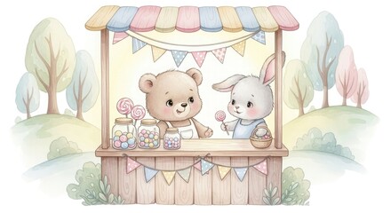 Cute bear bunny candy shop watercolor illustration sweet treat market animal friends adorable pastel colors