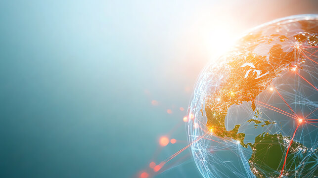 A digital representation of Earth showcasing global connections and network data, symbolizing technology and communication advancements.