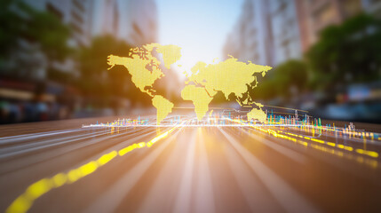A digital world map overlay in an urban environment, symbolizing global connectivity and the future of technology.