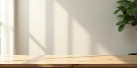 Empty light wood surface bathed in soft sunlight, showcasing a serene indoor scene with subtle window light patterns and blurred foliage.