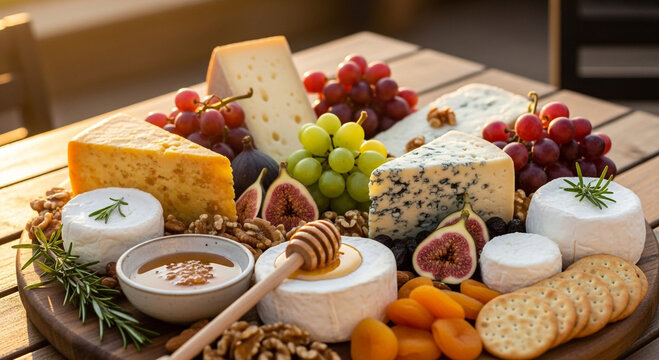 A beautifully arranged cheese board featuring a variety of cheeses, fruits, nuts, and honey, perfect for entertaining.