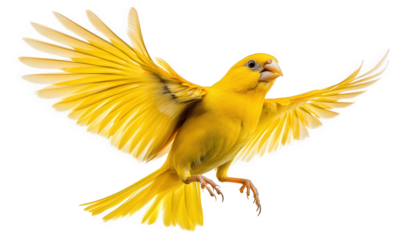 Vibrant yellow canary in midflight isolated on transparent background, displaying its outstretched wings and bright plumage in a dynamic and captivating image