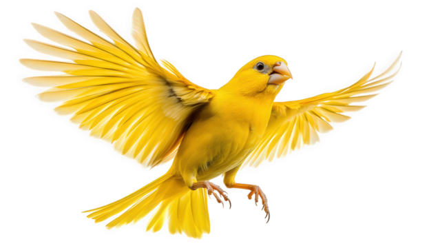 Vibrant yellow canary in midflight isolated on transparent background, displaying its outstretched wings and bright plumage in a dynamic and captivating image