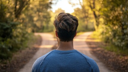 Man standing at crossroads in forest, viewed from behind, symbolizing life decision, personal growth, uncertainty, future choices, and the path forward in a peaceful natural environment.