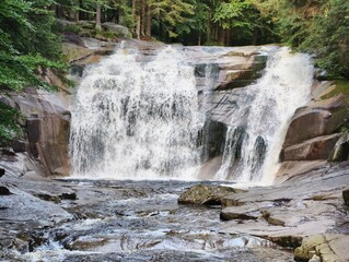A Beautiful Waterfall Cascading Down Through the Lush Green Forest, Inviting Adventure