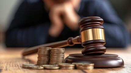 Judge's gavel and stacked coins with a person in the background, symbolizing financial judgment, court fines, legal debt, economic justice, or business-related lawsuits.