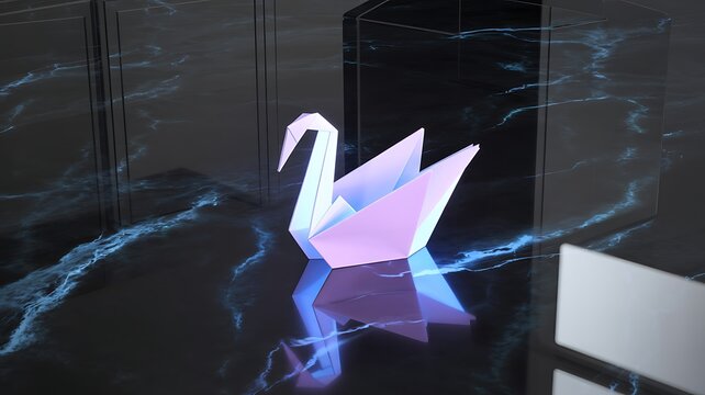 Elegant Origami Swan Sculpture on a Dark Reflective Surface with Geometric Shapes and Neon Accents creating a Modern and Minimalist Aesthetic - Powered by Adobe