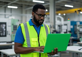 Industrial worker using a laptop in a factory setting