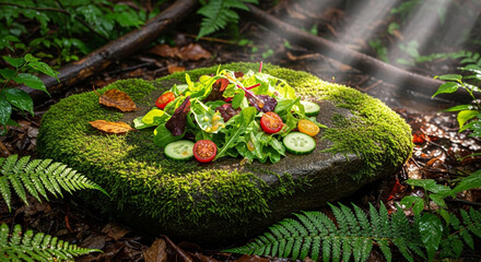 Fresh green salad with mixed greens, cherry tomatoes, and cucumber slices on a mossy stone in a sunlit forest.