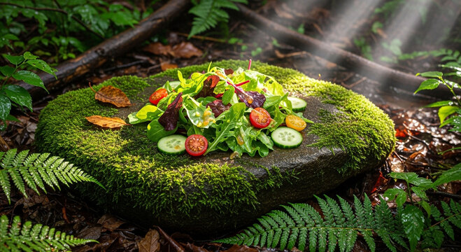 Fresh green salad with mixed greens, cherry tomatoes, and cucumber slices on a mossy stone in a sunlit forest.