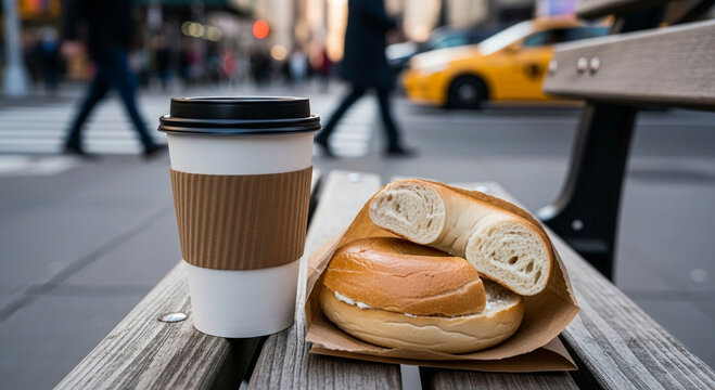 Coffee cup and bagel with cream cheese on a wooden bench in a bustling city street.