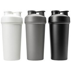 Three protein shaker bottles in white gray and black for fitness and hydration needs