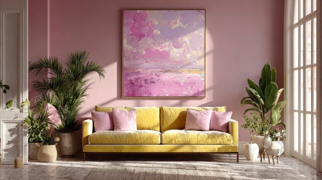 Large contemporary abstract pink painting hanging in bright living room with yellow sofa and green plants, soft lighting creating warm elegant atmosphere for modern interior decor