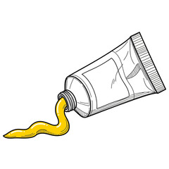 Vector art of a black and white illustration of a tube of paint squeezing out a wavy stream of yellow paint