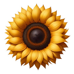Ripe sunflower with yellow petals and dark middle, isolated on white background