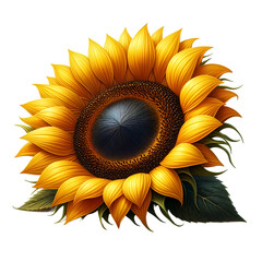Ripe sunflower with yellow petals and dark middle, isolated on white background
