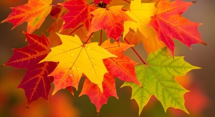 Fototapeta premium Vibrant Autumn Maple Leaves in Gradient of Green, Yellow, and Red