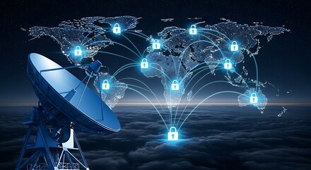 Global Cyber Security Communication Network with Satellite Dish and Digital Lock Icons
